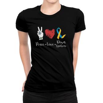 Peace Love Down Syndrome Awareness Ribbon Gifts Women T-shirt | Mazezy