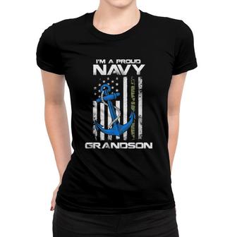Proud Navy Grandson American Flag Vintage Women T-shirt | Mazezy