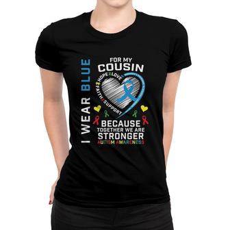 Ribbons Puzzle I Wear Blue For My Cousin Autism Awareness Pullover Women T-shirt | Mazezy