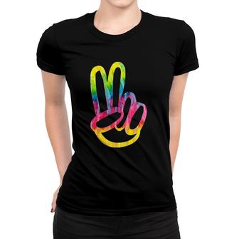 Tie Dye 60S 70S Hippie Halloween Costume Finger Peace Sign Women T-shirt | Mazezy