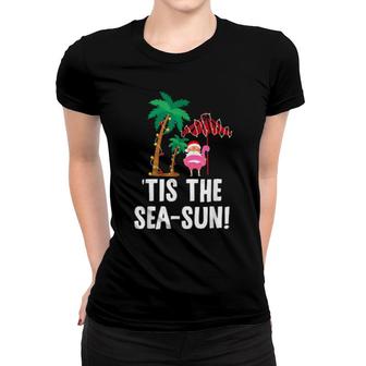 Tis The Seasun Tropical Christmas Season Santa Flamingo Fan Women T-shirt | Mazezy