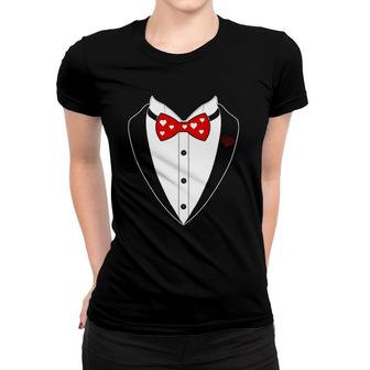 Tuxedo Hearts Bow Tie Valentine's Day Costume Gift Tee Women T-shirt | Mazezy