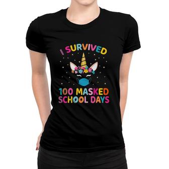 Unicorn I Survived 100 Masked School Days Teacher Kids Girls Women T-shirt | Mazezy