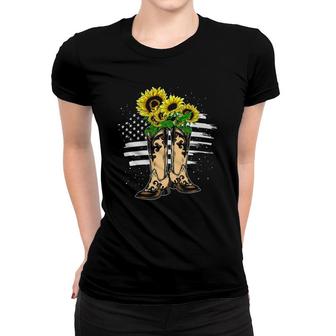 Usa Flag Florist Yellow Flowers Cowboy Boots Sunflower Women T-shirt | Mazezy