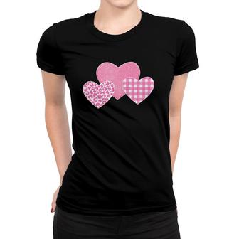Valentine's Day Pink Leopard Buffalo Plaid Hearts Kids Girls Women T-shirt | Mazezy