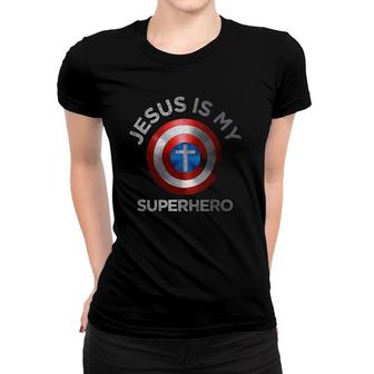 Womens Jesus Is My Superhero Cute Powerful Christian Gift V-Neck Women T-shirt | Mazezy