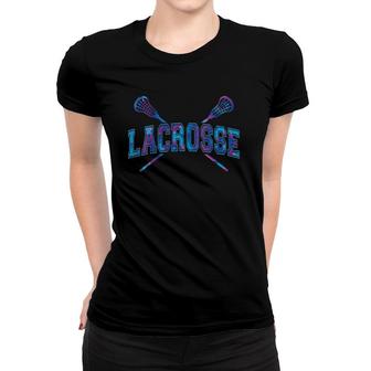 Womens Lacrosse Girls Boy Purple Blue Tie-Dye Crossed Sticks V-Neck Women T-shirt | Mazezy