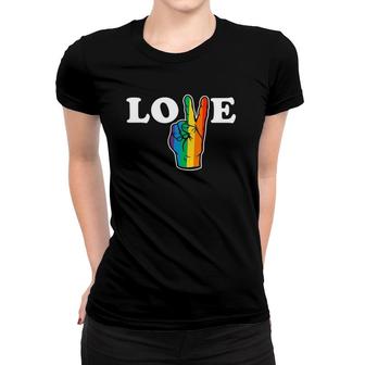 Womens Love Peace Sign Rainbow Lgbt Lesbian Gay Pride V-Sign Women T-shirt | Mazezy