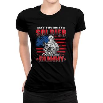 Womens My Favorite Soldier Calls Me Grammy Us Flag Army Grandmother Raglan Baseball Tee Women T-shirt | Mazezy