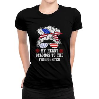 Womens My Heart Belongs To Fire Captain Firefighter Mom Wife Gifts V-Neck Women T-shirt | Mazezy