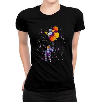 Womens Outer Space Lovers Gift Spaceman Flying Holding Planets Trip Women T-shirt | Mazezy