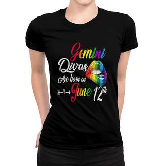 Womens Rainbow Lip Divas Are Born On June 12Th Gemini Girl Birthday V-Neck Women T-shirt | Mazezy
