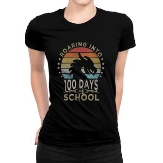 Womens Roaring Into 100 Days Of School Dragons Lover Retro Style V Neck Women T-shirt | Mazezy
