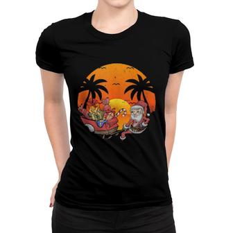 Xmas Tropical Sunset Palm Trees Mery Christmas Santa Claus Women T-shirt | Mazezy
