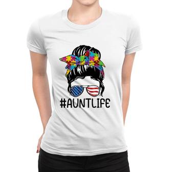Aunt Life Autism Awareness Mother's Day Auntie Messy Bun Women T-shirt | Mazezy