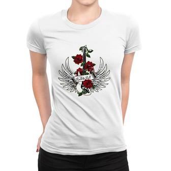 Bass Guitar Wings Roses Distressed Rock And Roll Design Women T-shirt | Mazezy