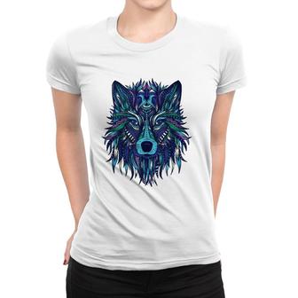 Blue Wolf Head Tribal Mandala Tattoo Art Women T-shirt | Mazezy