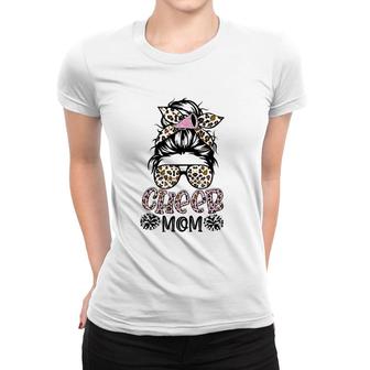 Cheer Mom Leopard Messy Bun Hair Cheerleader Funny Mother's Day Women T-shirt | Mazezy