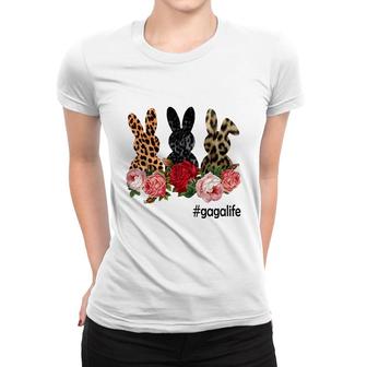 Cute Bunny Flowers Gaga Life Happy Easter Sunday Floral Leopard Plaid Women Gift Women T-shirt | Mazezy