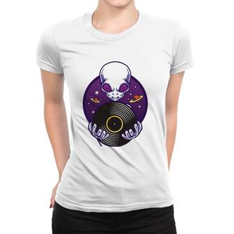Dj Turntable Music Alien Ufo Vinyl Record Disco Party Gift Women T-shirt | Mazezy