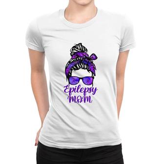 Epilepsy Mom Messy Bun Hair Glasses Bandana Purple Ribbon Women T-shirt | Mazezy