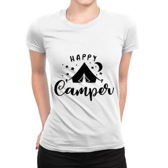 Happy Camper Tent Quote Typogrophy Women T-shirt | Mazezy