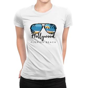 Hollywood Beach Florida Palm Tree Sunglasses Souvenir Women T-shirt | Mazezy