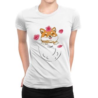 Japanese Shiba Inu Dog Pocket With Sakura Cherry Blossom Women T-shirt | Mazezy