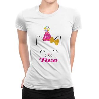 Kids Two 2 Years Old 2Nd Birthday Girl Kitty Cat Theme Women T-shirt | Mazezy