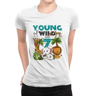 Kids Young Wild And 7 - 7Th Birthday Safari Zoo Animal Jungle Women T-shirt | Mazezy