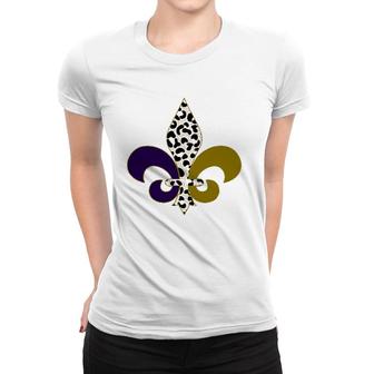 Leopard Purple & Gold Mardi Gras Fleur De Lys Symbol Women T-shirt | Mazezy