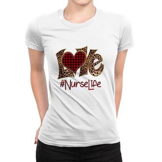 Love Nurselife Leopard Print Red Plaid Heart Women T-shirt | Mazezy