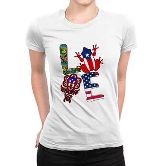 Love Puerto Rico Puerto Rican Flag Symbols Frog Atabey American Flag Floral Women T-shirt | Mazezy