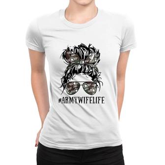 Messy Bun Army Wife Life Camo Print Sunglasses Mothers Women T-shirt | Mazezy