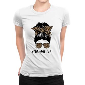 Mom Life Messy Bun Hair Leopard Plaid Momlife Mother's Day Women T-shirt | Mazezy