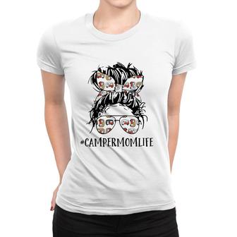 Mother's Day Messy Hair Woman Bun Camper Mom Life Camping Women T-shirt | Mazezy