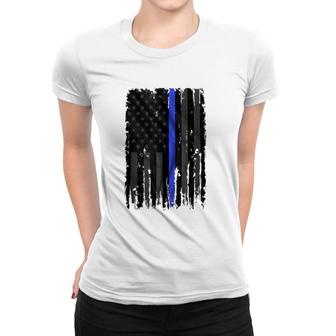 Police Blue Lives Matter Distressed Us Flag Thin Blue Line Women T-shirt | Mazezy