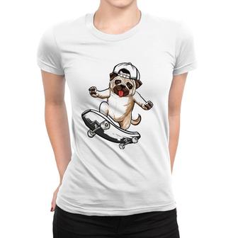 Pug Dog Skater Skateboarder Skateboarding Gray Boys Girls Women T-shirt | Mazezy