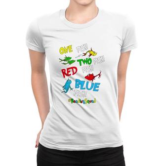 Reading Teacher Squad One Two Red Blue Fish Funny Women T-shirt | Mazezy