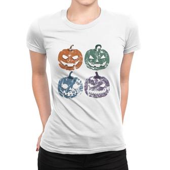 Retro Halloween Creepy Jack O Lantern Faces Trick Or Treat Women T-shirt | Mazezy