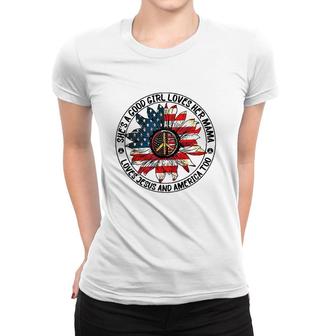 She's A Good Girl Loves Her Mama Loves Jesus And America Too American Flag Sunflower Women T-shirt | Mazezy
