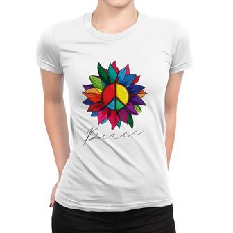 Sunflower Flower Rainbow Peace Sign World Retro Hippie 70'S Women T-shirt | Mazezy