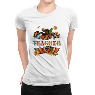 Teacher Thankful Grateful Blessed Pumpkin Autumn Leaf Women T-shirt | Mazezy