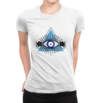 Triangle Blue Evil Eye V-Neck Women T-shirt | Mazezy