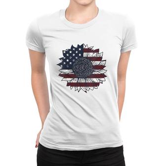 Vintage 4Th Of July Patriotic American Flag Sunflower V-Neck Women T-shirt | Mazezy