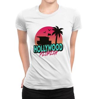 Vintage Hollywood Florida Beach Palm Trees Fl Distressed Women T-shirt | Mazezy