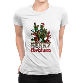 Western Texas Leopard Buffalo Plaid Cactus Merry Christmas Women T-shirt | Mazezy