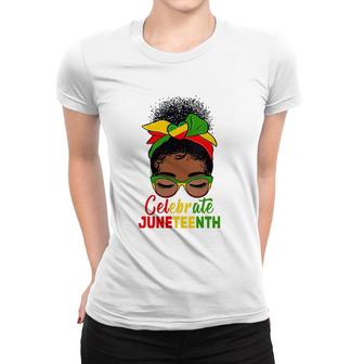 Womens Black Women Messy Bun Juneteenth Celebrate Indepedence Day V-Neck Women T-shirt | Mazezy