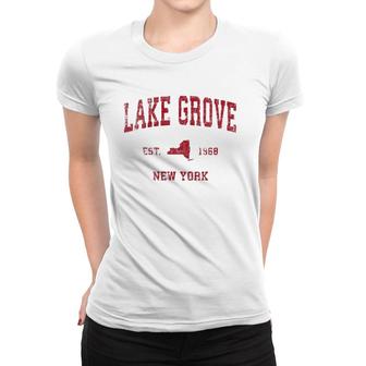 Womens Lake Grove New York Ny Vintage Sports Design Red Print Women T-shirt | Mazezy
