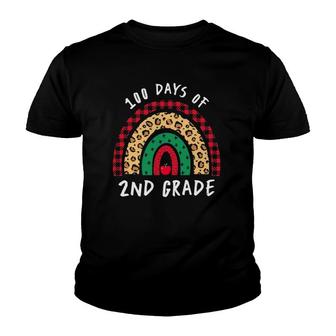 100 Days Of 2Nd Grade Rainbow Leopard Buffalo Plaid Youth T-shirt | Mazezy